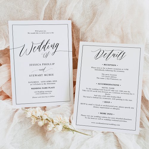 Elegant black white all in one script wedding  invitation