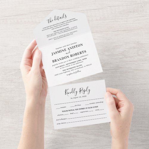 Elegant Black & White All in One Wedding Invite - Elegant 3 in 1 wedding trifold invitation featuring a simple white background, the wedding details, invitation, and a menu rsvp postcard for your guests to tear off and send back.