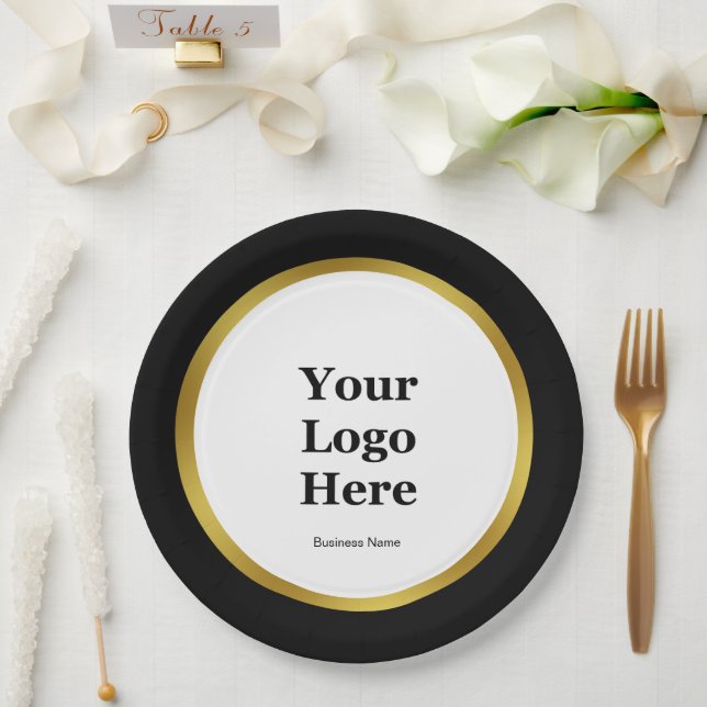 Elegant Black White and Gold Business Logo Name Paper Plates (Wedding)