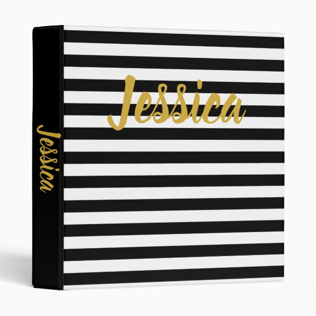 Elegant Black White and Gold Cursive Script Name 3 Ring Binder (Front/Spine)