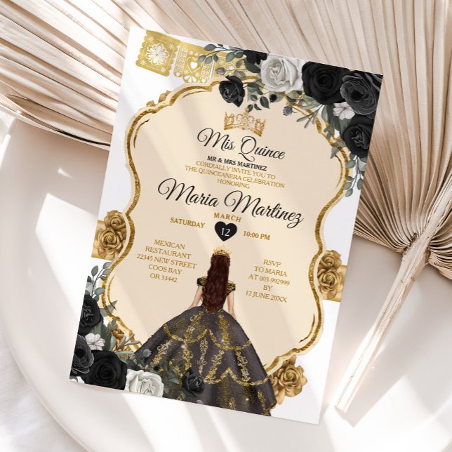 Elegant Black White and Gold Floral Mis Quince Invitation (Creator Uploaded)