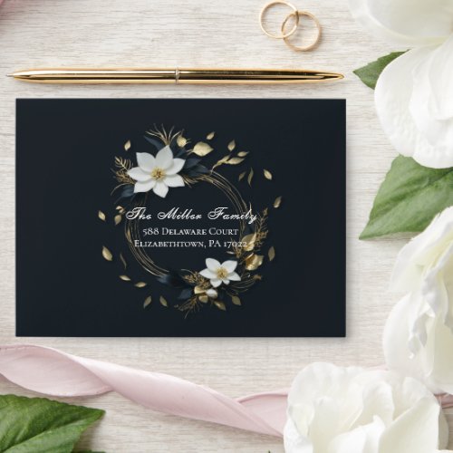 Elegant Black White and Gold Floral Wreath Wedding Envelope