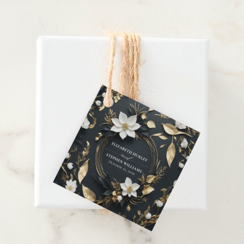 Elegant Black White and Gold Floral Wreath Wedding Favor Tags
