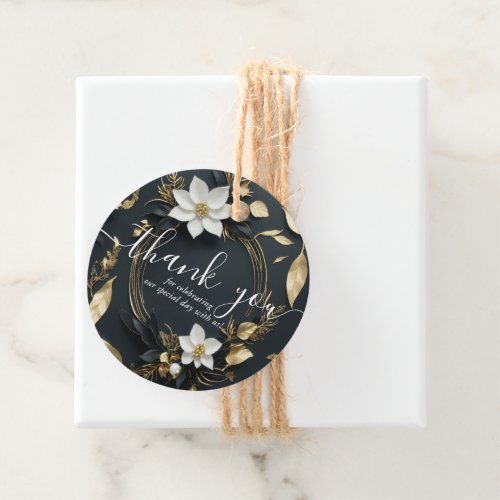 Elegant Black White and Gold Floral Wreath Wedding Favor Tags