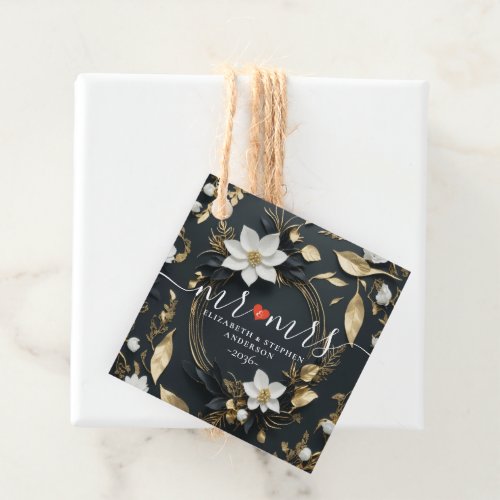 Elegant Black White and Gold Floral Wreath Wedding Favor Tags