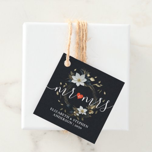 Elegant Black White and Gold Floral Wreath Wedding Favor Tags