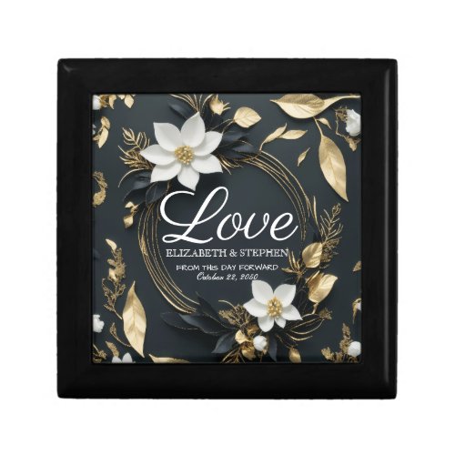 Elegant Black White and Gold Floral Wreath Wedding Gift Box