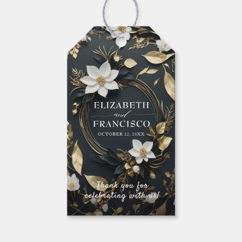 Elegant Black White and Gold Floral Wreath Wedding Gift Tags