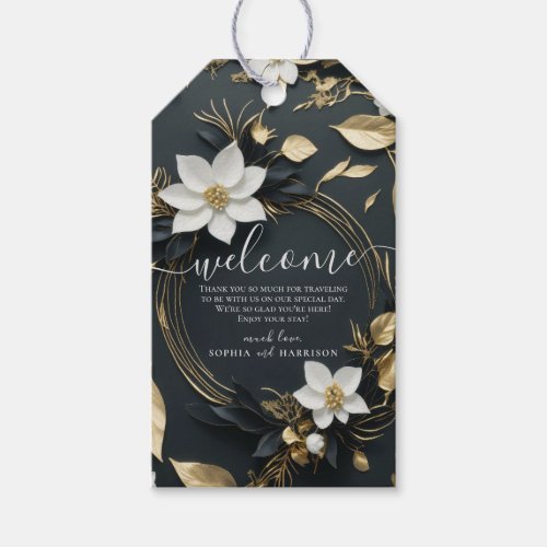 Elegant Black White and Gold Floral Wreath Wedding Gift Tags