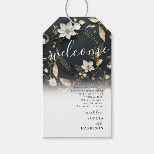 Elegant Black White and Gold Floral Wreath Wedding Gift Tags