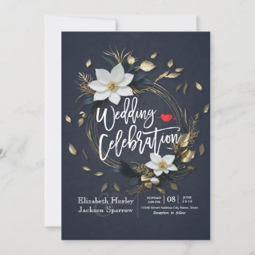 Elegant Black White and Gold Floral Wreath Wedding Invitation