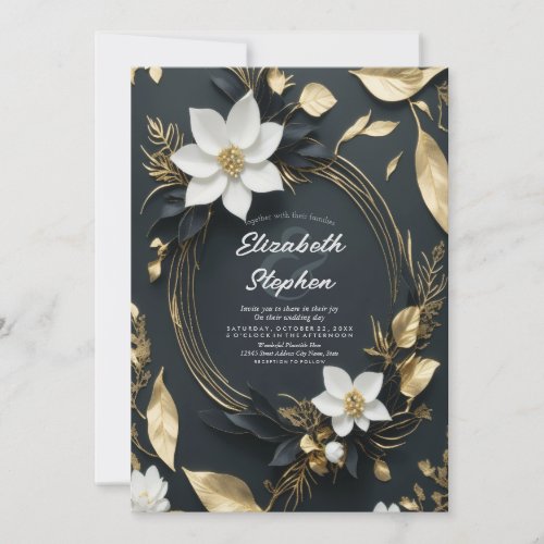 Elegant Black White and Gold Floral Wreath Wedding Invitation