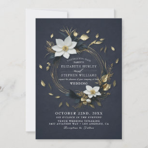 Elegant Black White and Gold Floral Wreath Wedding Invitation