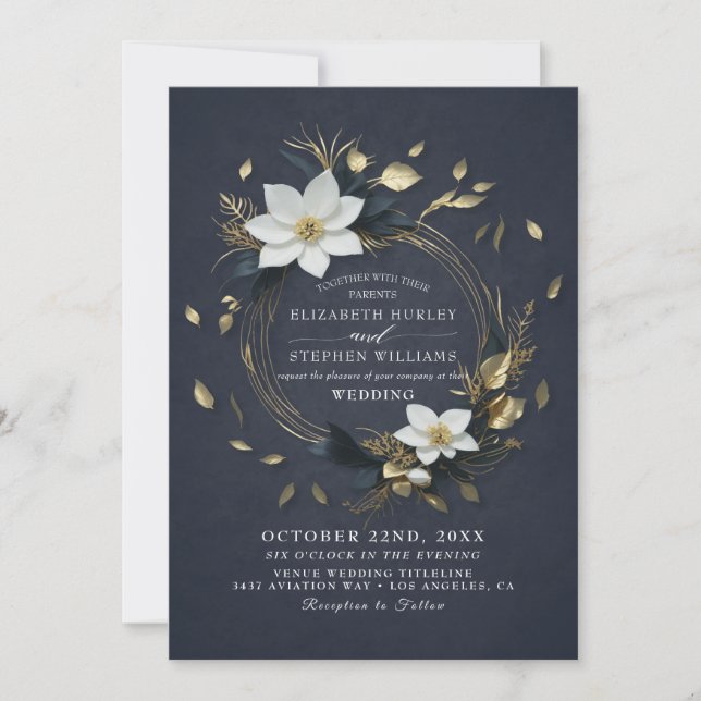 Elegant Black White and Gold Floral Wreath Wedding Invitation (Front)