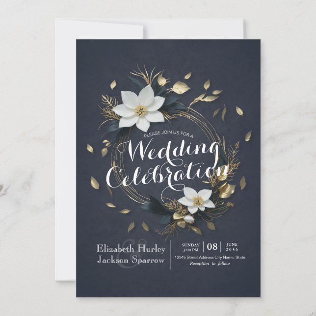 Elegant Black White and Gold Floral Wreath Wedding Invitation (Front)