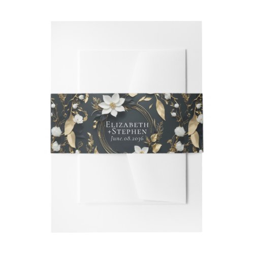 Elegant Black White and Gold Floral Wreath Wedding Invitation Belly Band