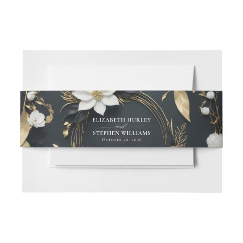Elegant Black White and Gold Floral Wreath Wedding Invitation Belly Band
