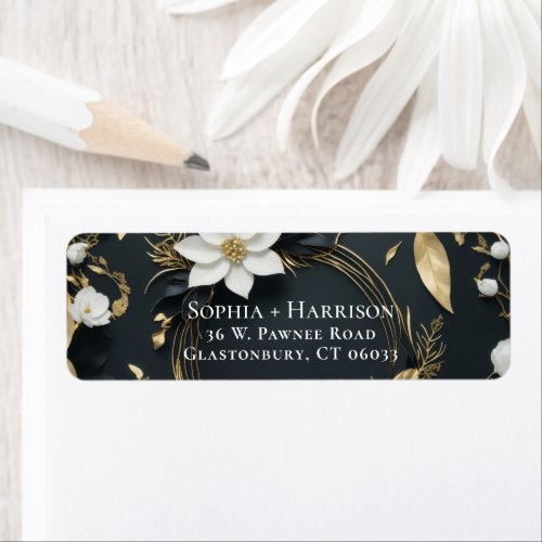 Elegant Black White and Gold Floral Wreath Wedding Label