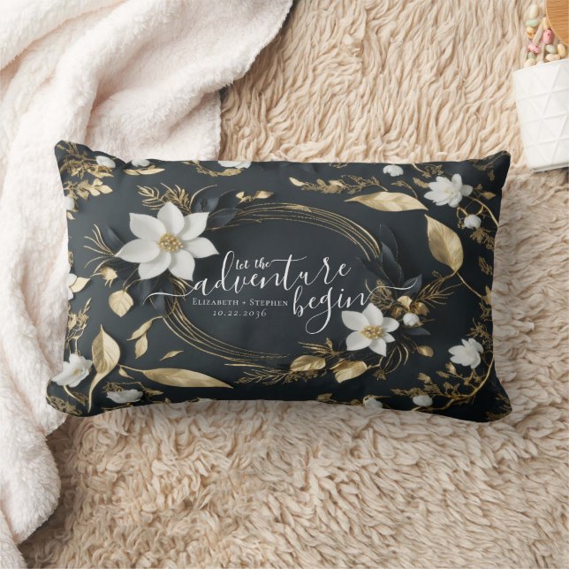 Elegant Black White and Gold Floral Wreath Wedding Lumbar Pillow (Blanket)