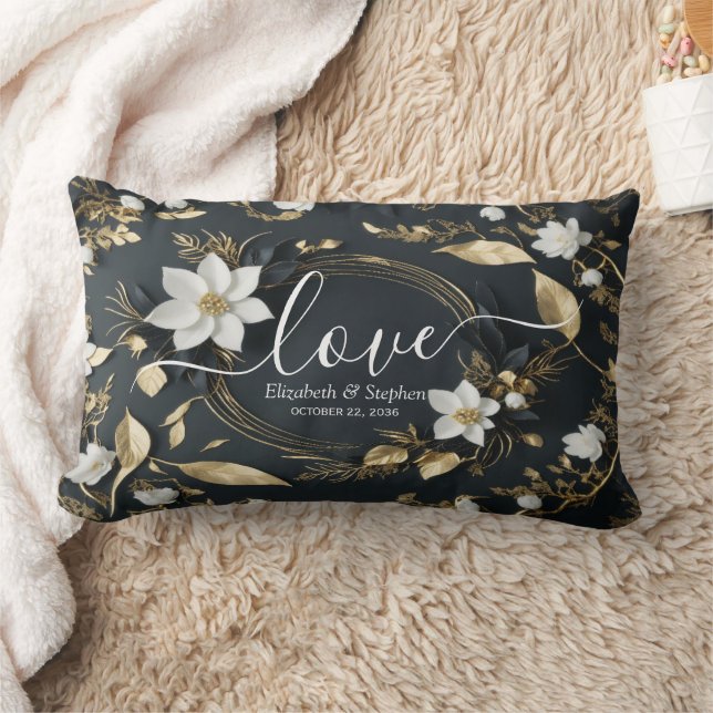 Elegant Black White and Gold Floral Wreath Wedding Lumbar Pillow (Blanket)