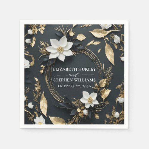Elegant Black White and Gold Floral Wreath Wedding Napkins