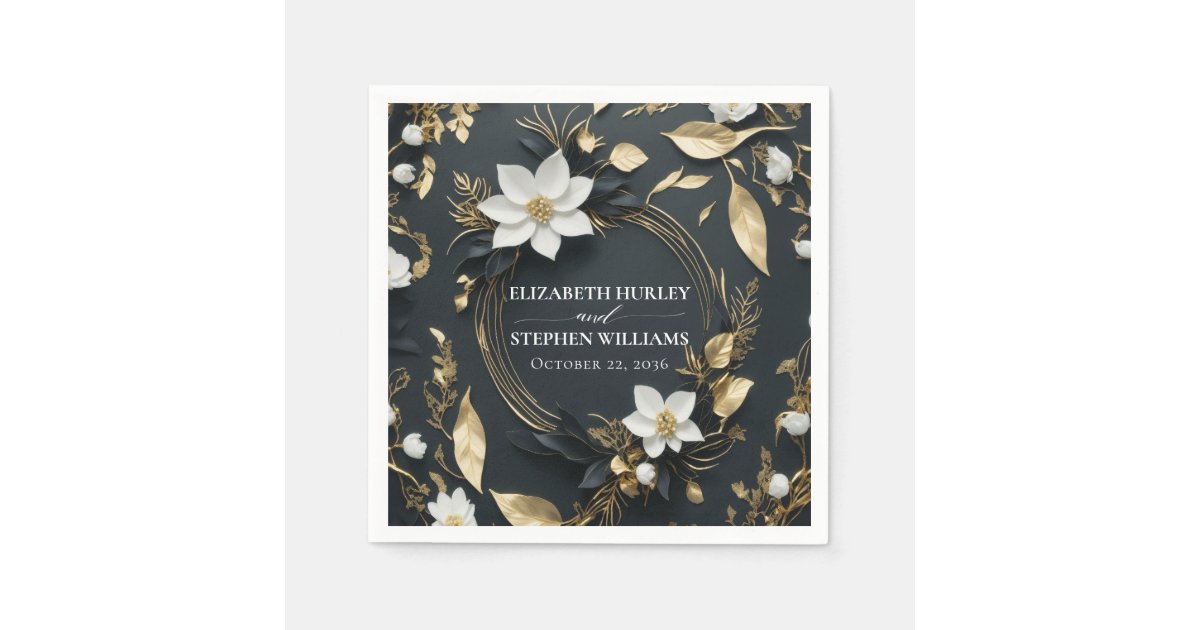 Elegant Black White and Gold Floral Wreath Wedding Napkins | Zazzle