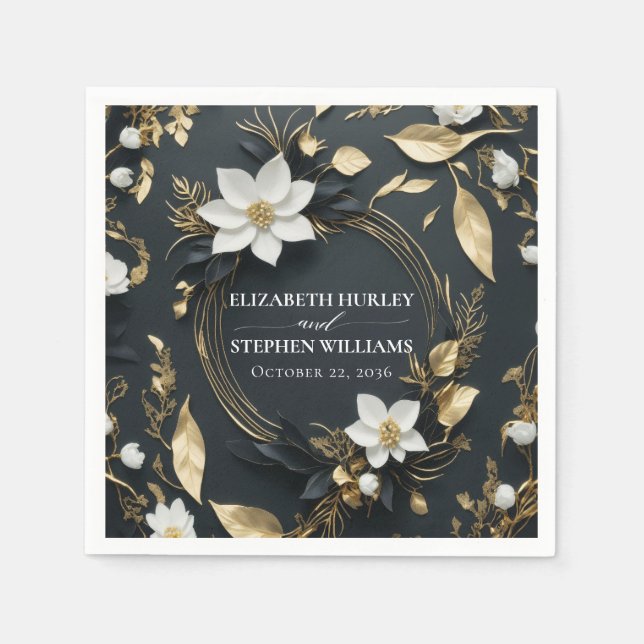 Elegant Black White and Gold Floral Wreath Wedding Napkins (Front)