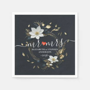 Elegant Black White and Gold Floral Wreath Wedding Napkins