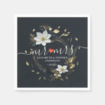 Elegant Black White And Gold Floral Wreath Wedding Napkins by ReadyCardCard at Zazzle