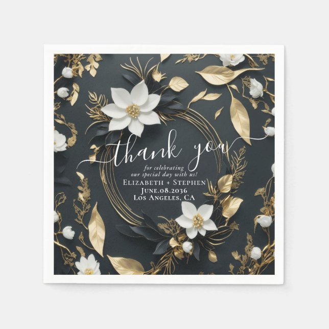 Elegant Black White and Gold Floral Wreath Wedding Napkins (Front)