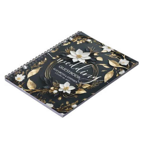 Elegant Black White and Gold Floral Wreath Wedding Notebook