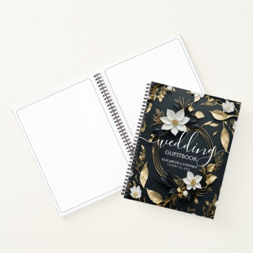 Elegant Black White and Gold Floral Wreath Wedding Notebook