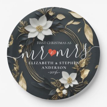Elegant Black White And Gold Floral Wreath Wedding Paper Plates by ReadyCardCard at Zazzle
