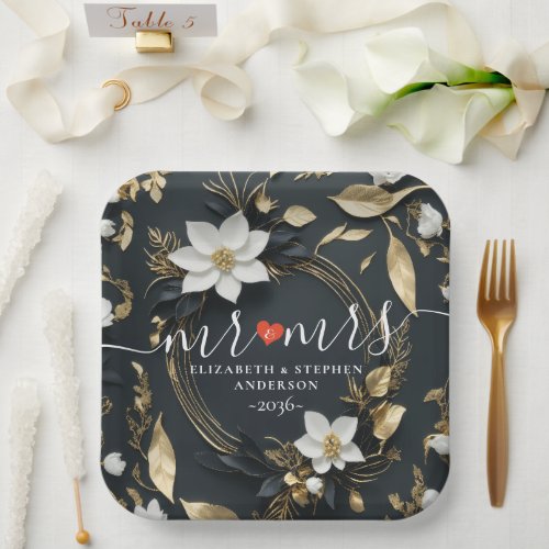 Elegant Black White and Gold Floral Wreath Wedding Paper Plates