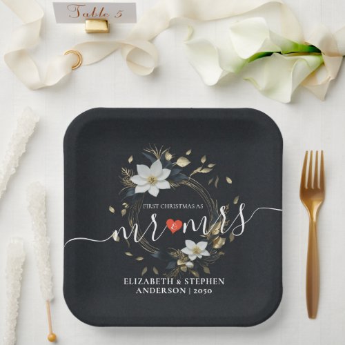 Elegant Black White and Gold Floral Wreath Wedding Paper Plates