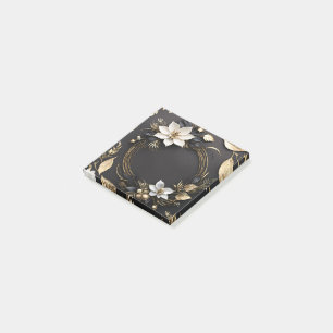 Elegant Black White and Gold Floral Wreath Wedding Post-it Notes