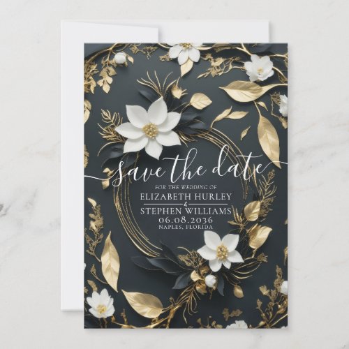 Elegant Black White and Gold Floral Wreath Wedding Save The Date