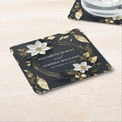 Elegant Black White and Gold Floral Wreath Wedding Square Paper Coaster