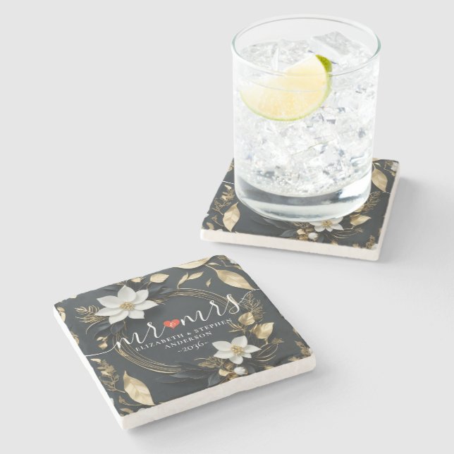 Elegant Black White and Gold Floral Wreath Wedding Stone Coaster (Side)
