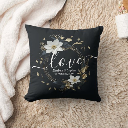 Elegant Black White and Gold Floral Wreath Wedding Throw Pillow