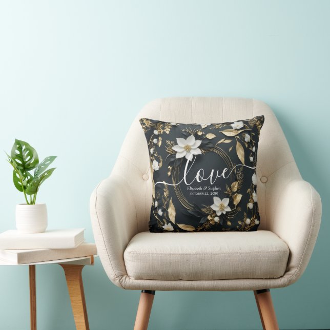 Elegant Black White and Gold Floral Wreath Wedding Throw Pillow (Chair)