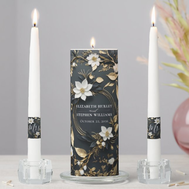 Elegant Black White and Gold Floral Wreath Wedding Unity Candle Set (In Situ)