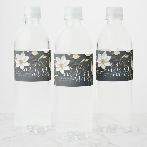 Elegant Black White and Gold Floral Wreath Wedding Water Bottle Label