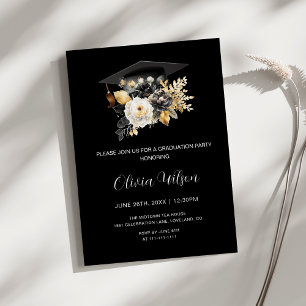 Elegant Black White and Gold Flowers Graduation Invitation