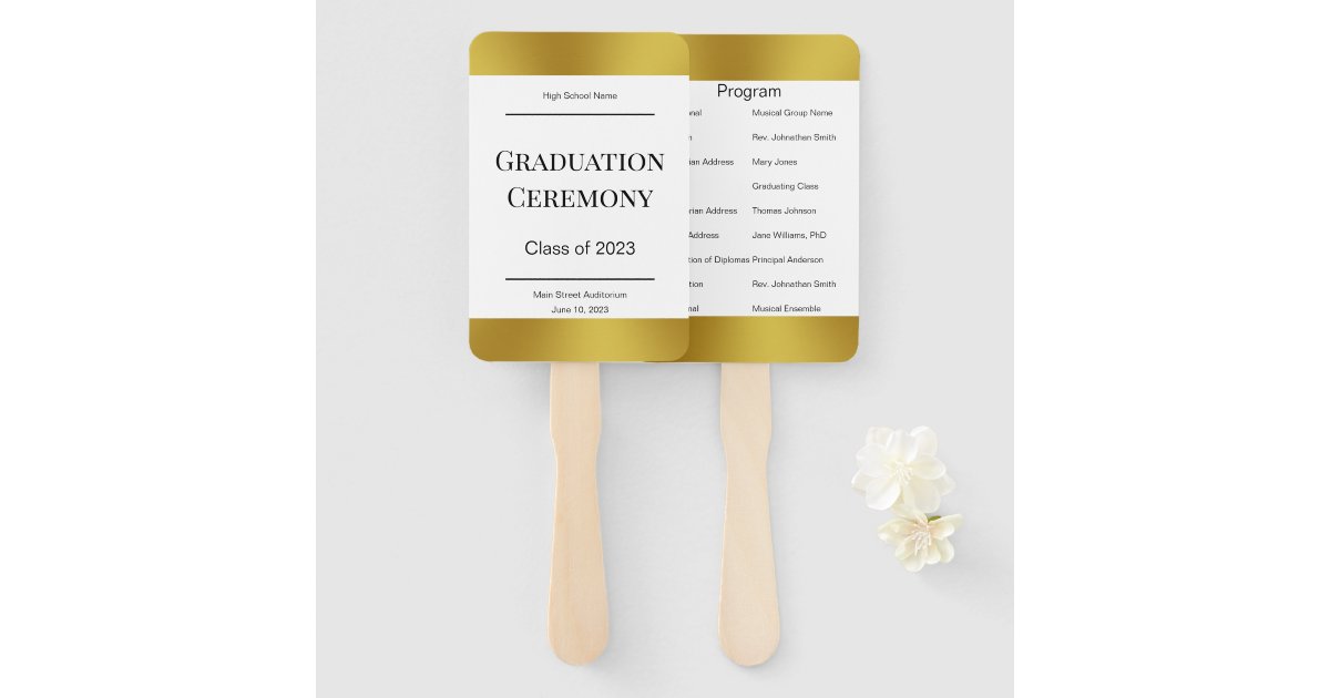 Elegant Black White and Gold Graduation Program Hand Fan | Zazzle