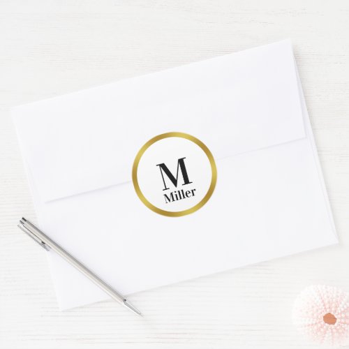 Elegant  Black White and Gold Monogram  Name Classic Round Sticker