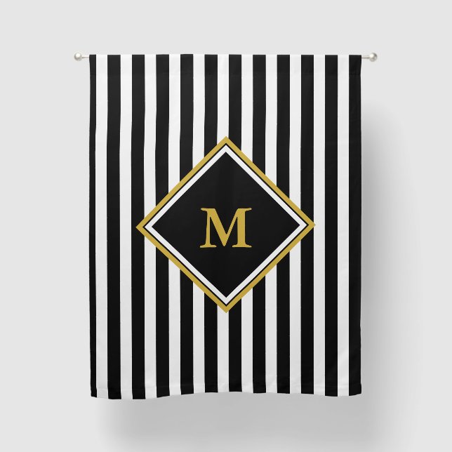 Elegant Black White and Gold Monogram Striped Blackout Curtains (Front)