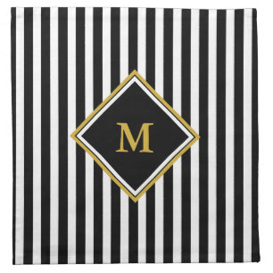 Elegant Black White and Gold Monogram Striped Cloth Napkin
