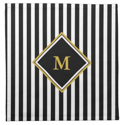 Elegant Black White and Gold Monogram Striped Cloth Napkin