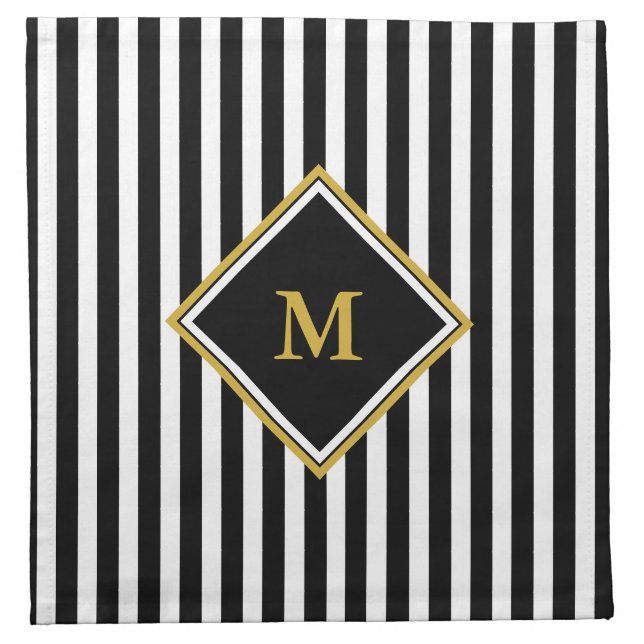 Elegant Black White and Gold Monogram Striped Cloth Napkin (Front)